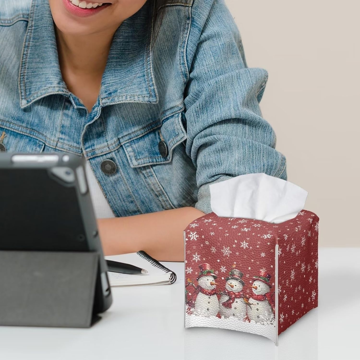 Christmas Snowman Square Tissue Box Cover, PU Leather Tissue Box Holder with Bottom Belt Decoration Tissue Box Organizer for Bathroom Kitchen Hotel Office Desk image 5