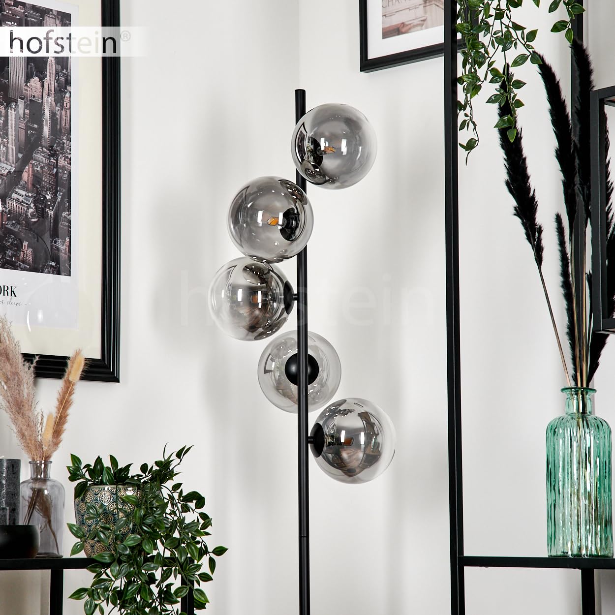 Stehleuchte Remaisnil, Stehlampe aus Metall/Glas in Schwarz/Rauchfarben/Klar, Standlampe im Retro/Vintage-Design mit Schirmen aus Glas (Ø 15 cm) u. Fußsschaler, Höhe 160 cm, 5 x G9, ohne Leuchtmittel
