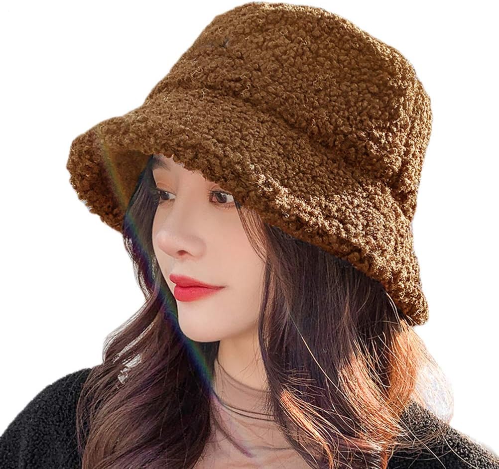 Newfancy Women Girls Winter Bucket Hat Curly Faux Fur Shearling Lambskin Fisherman Cap Warm Hat - Image 3