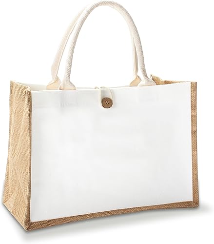 YACEYACE Bolsa de arpillera con botón, 14.5 x 6.7 x 10.2 pulgadas, juego de 1 bolsa de yute reutilizable para viajes, bricolaje, compras, playa,