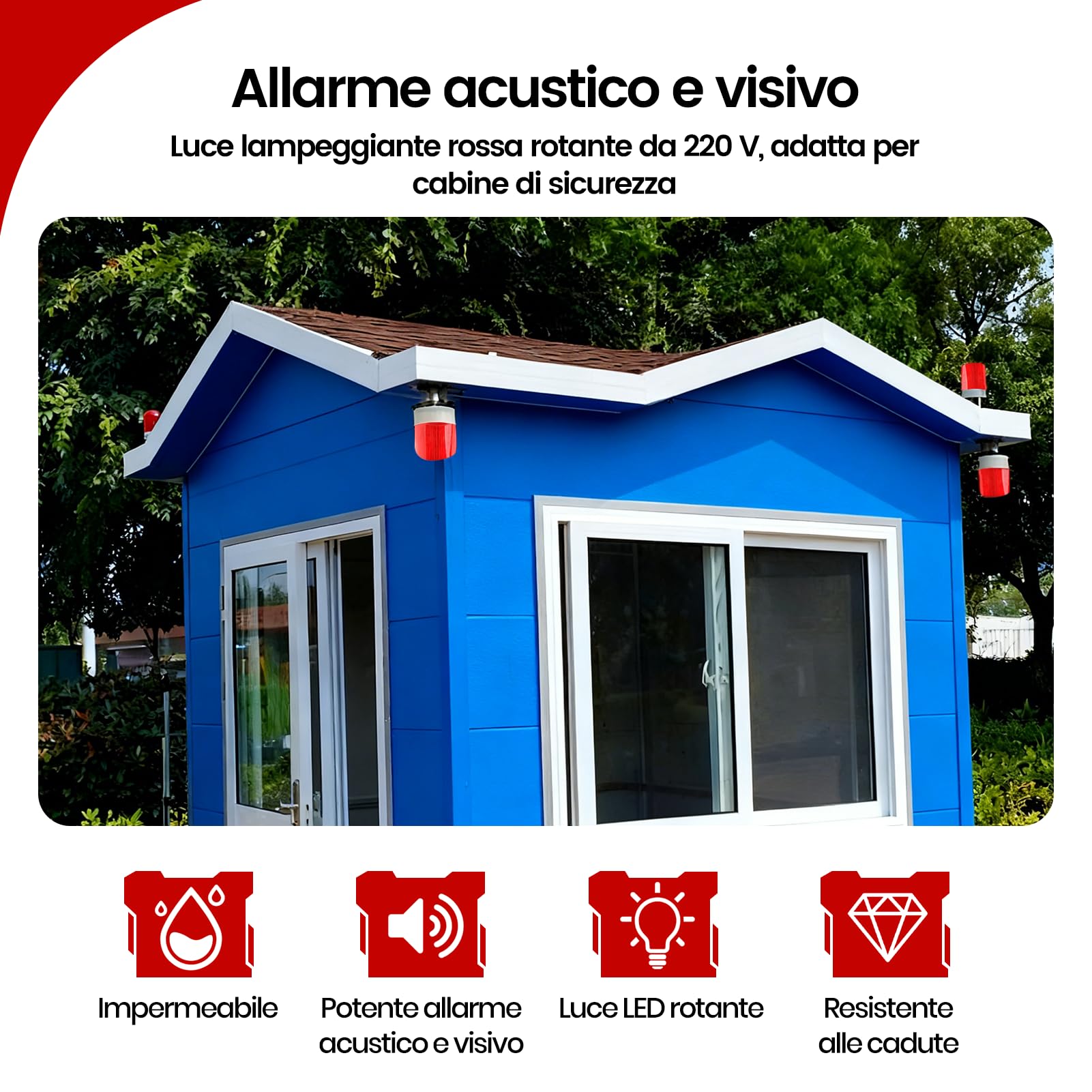 2Pcs Sirena Allarme Esterno 220V con Luce Stroboscopica LED Rossa e Allarme Sonoro 100dB – Spia Luminosa Rotante per Sicurezza Industriale, Cantieri e Aree Pericolose