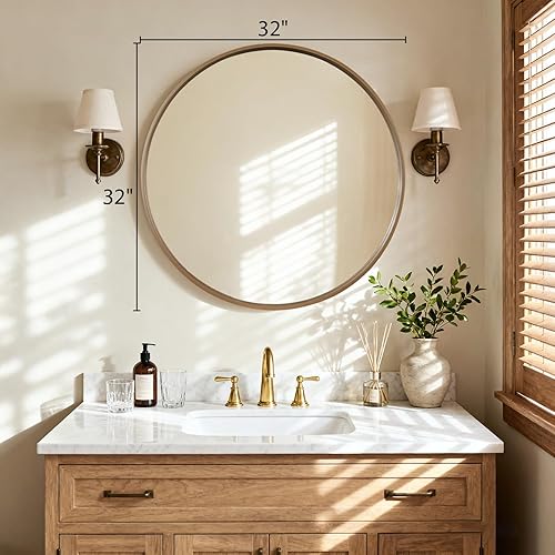 Miniatura 20 de HOMECOOKIN Espejo de pared redondo de 32 pulgadas, espejo circular dorado para baño con marco de metal, espejo dorado redondo para decoración