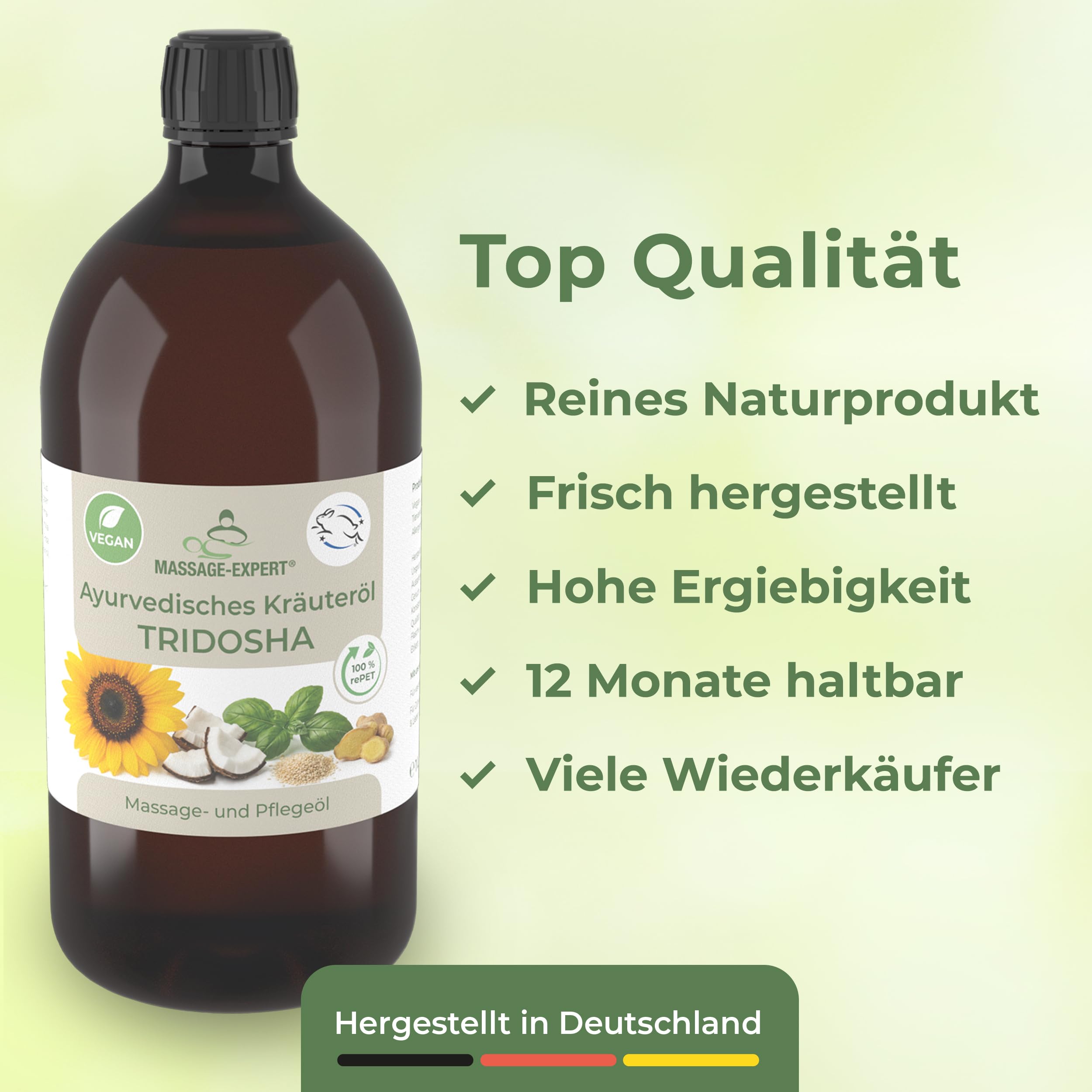 MASSAGE-EXPERT Ayurveda Kräuteröl TRIDOSHA – Natürliche Ölmischung mit Kräuterextrakten für Massage & Pflege (1 Liter rePET-Flasche mit Spritzeinsatz)