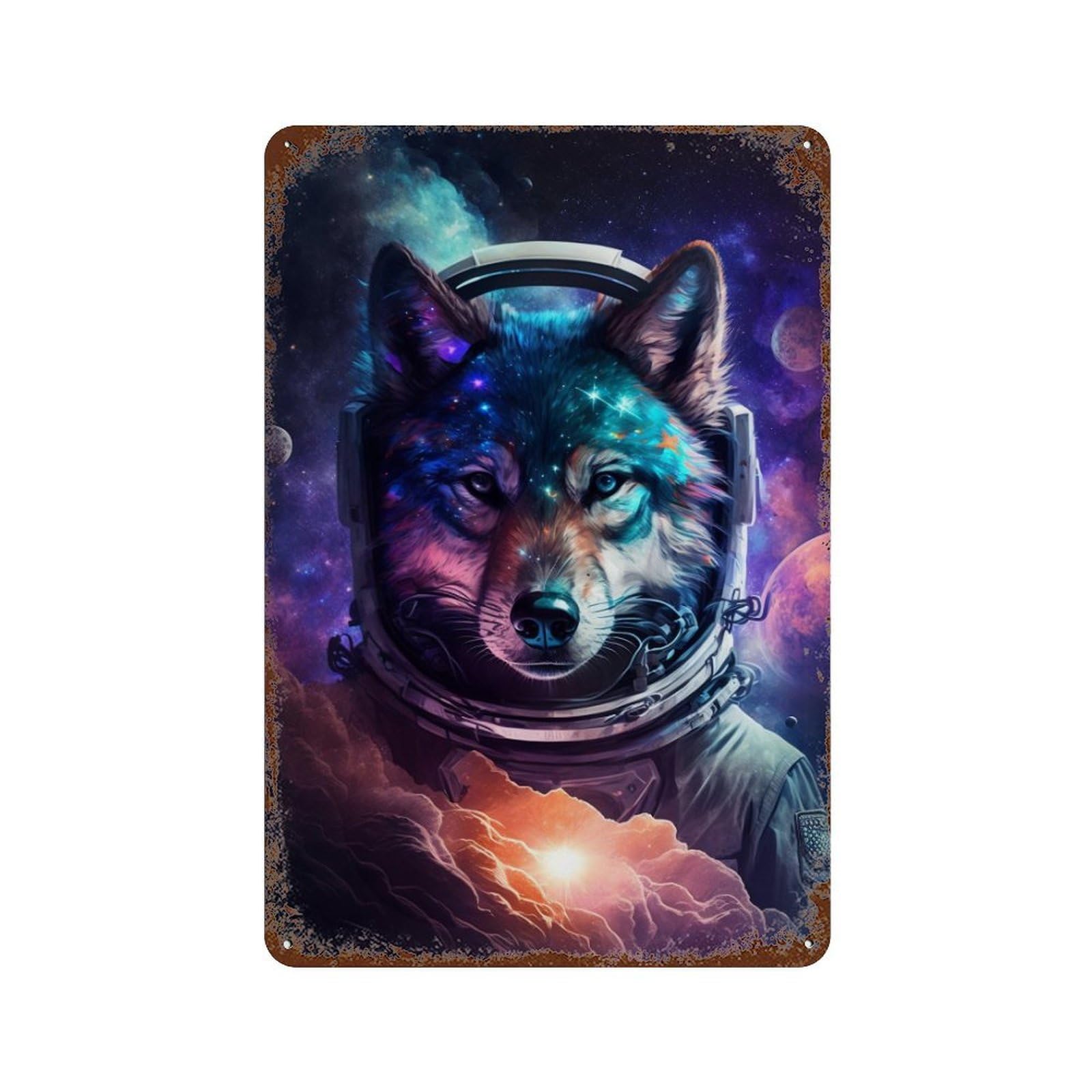 Weathered Tin Sign Cosmic Wolf Astronaut Art Print-3 11.8"x7.9", Rustic Home Decor for Basement, Hobby Room And Garage Decor