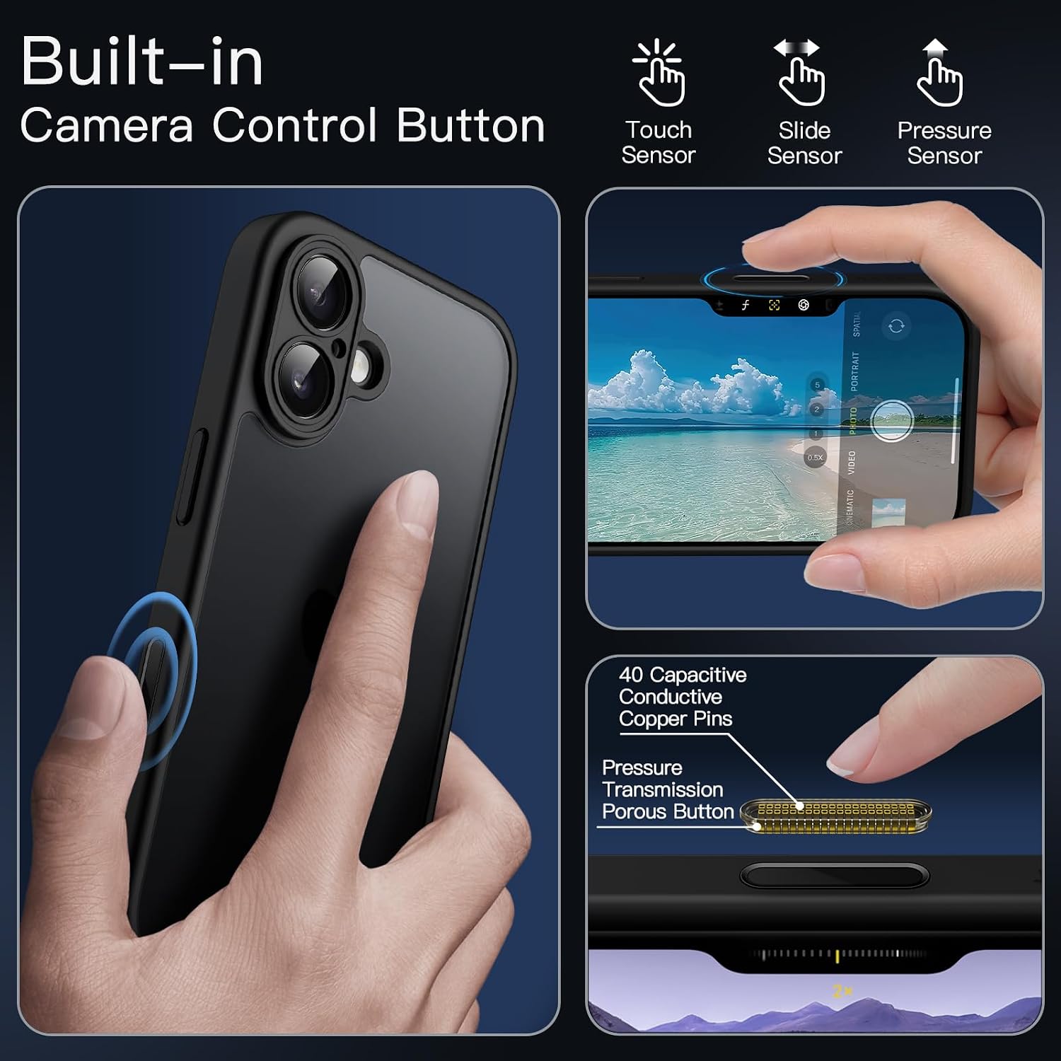 JETech Capa Matte para iPhone 16 6,1 Polegadas com Botão de Controle de Câmera, Case Proteção Contra Quedas de Nível Militar à Prova de Choque, Capinha Traseira Translúcida Fosca (Preto)