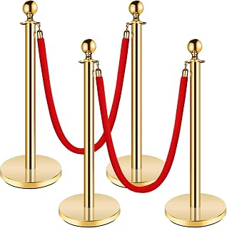 Stainless Steel Stanchion Post,5 FT Red Carpet Ropes and Poles,4pcs Gold Stanchions with Red Rope,Hollow Base and Velvet Ropes Safety Barriers Set,Carpet Runner for Party(37in)
