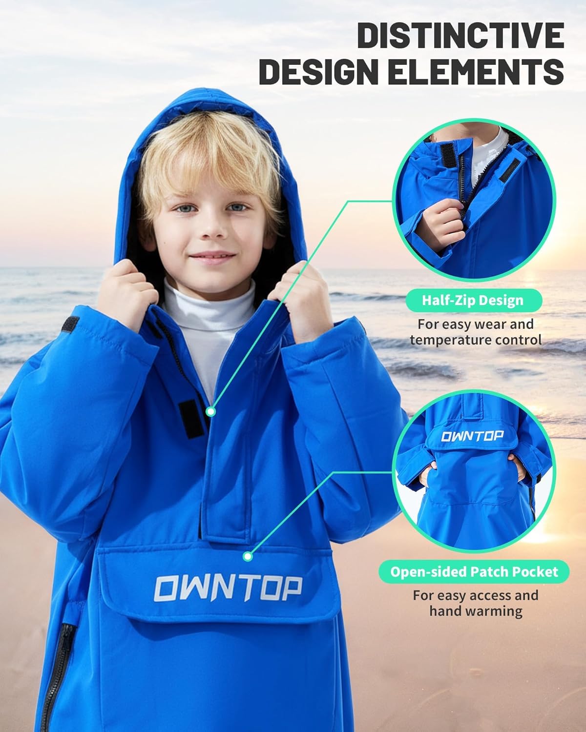 Owntop Swim Parka Waterproof Youth Adult | Front Pocket & Extendable Hem | Sherpa Fleece | Changing Coat for Beach Pool