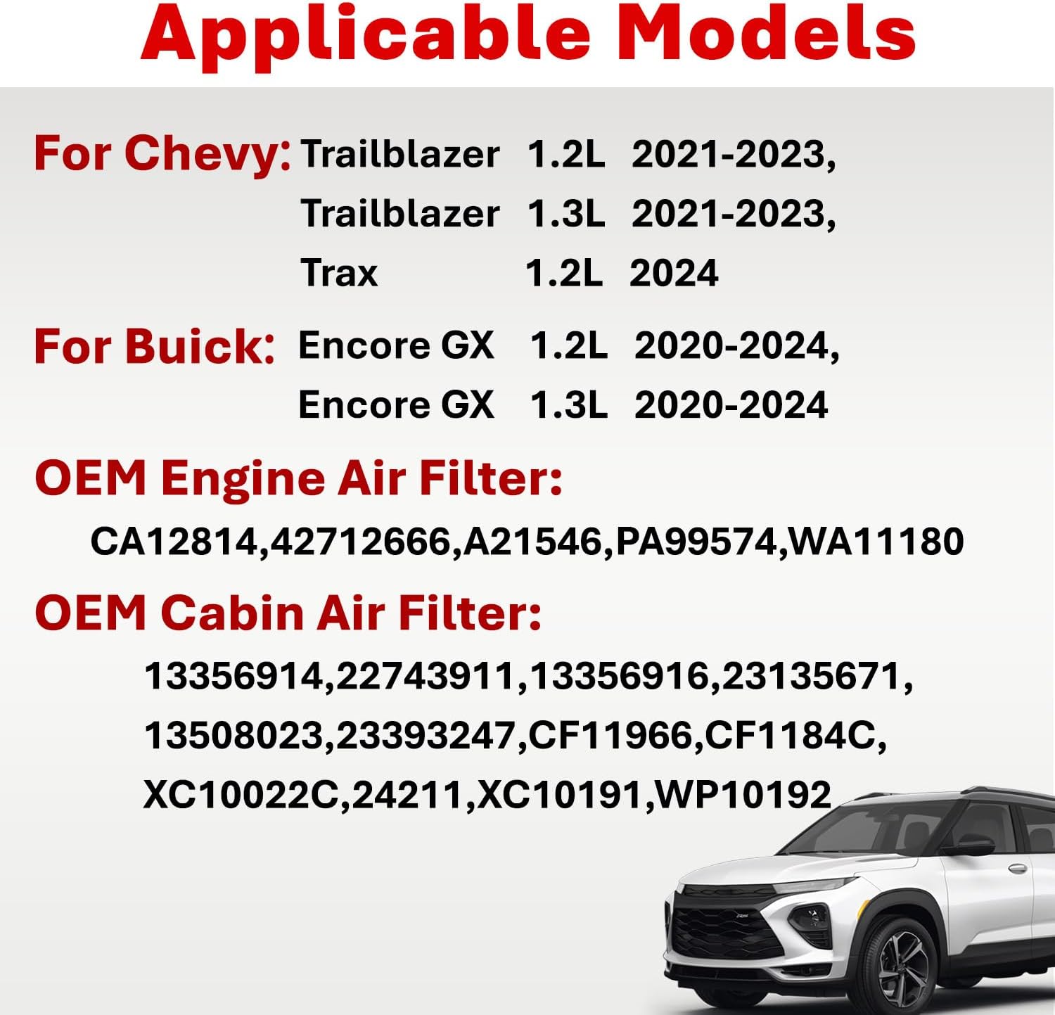 Engine Air Filter&Cabin Air Filter Combo Fits Chevy Trailblazer 1.2L/1.3L 2021-2026,Trax 1.2L 2024-2026/Buick Encore GX 1.2L/1.3L DOHC 2020-2025-CA12814&CF11966