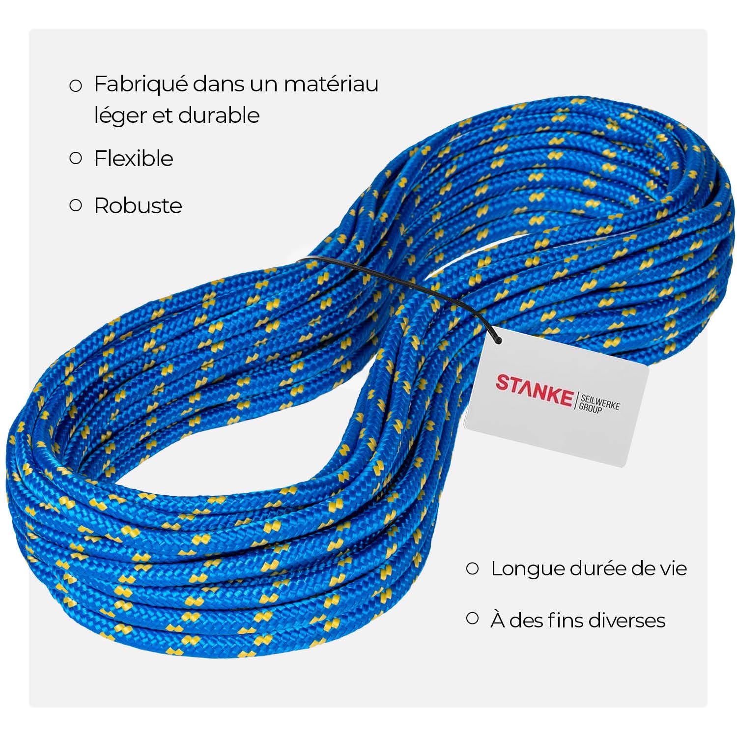 Seilwerk STANKE Corde polypropylène Bleue avec Fils marqueurs Jaunes 6mm 200 m - Ficelle agricole, pour Plants de tomates - Corde tressée pour Le Sport, la Survie, la Construction
