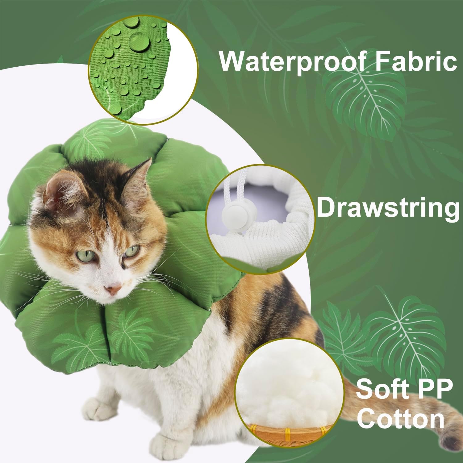 Cat Soft Cone Collar, Adjustable Cat Recovery Cones to Stop Licking Wounds, Waterproof Pet Elizabethan Recovery Collar for Cats After Surgery (Green Leaf, L)