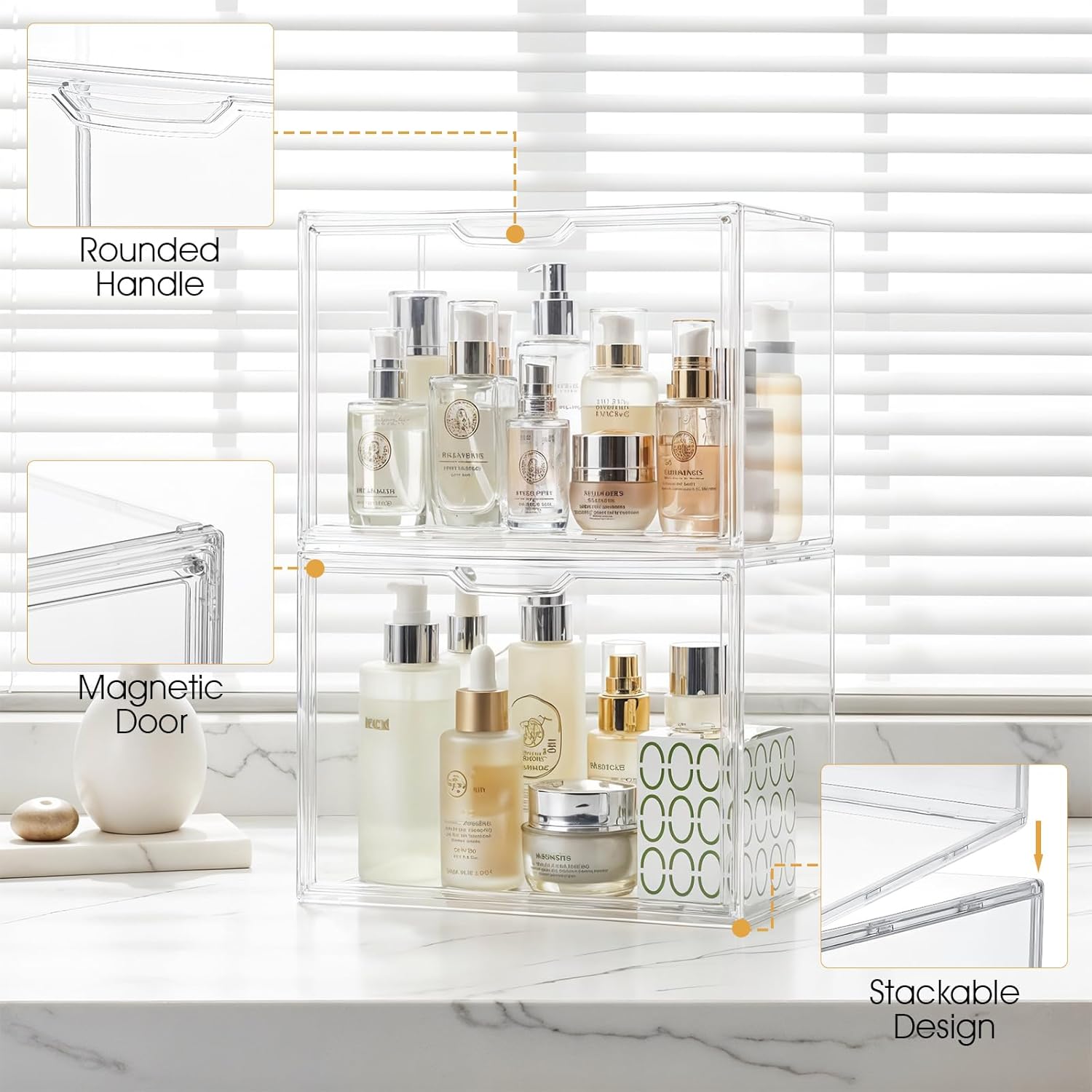2-Pack 14.2" L x 8.9" W x 10.6" H Clear Acrylic Display Case with Magnetic Lid, Stackable Storage Bins for Collectibles, Figures, Handbags, and Shoes, Dustproof Organizer Box for Home Office