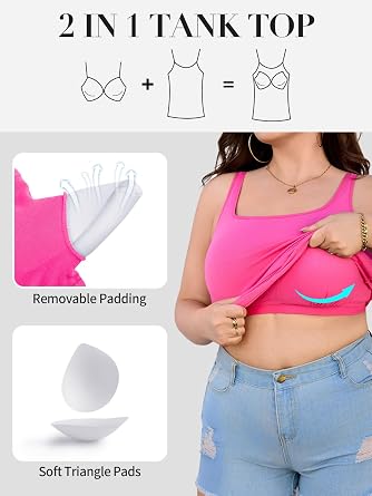 V FOR CITY Plus Size Tank Tops for Women Built in Bra Tank with Adjustable Strap Scoop Neck Cotton Camisole Tops