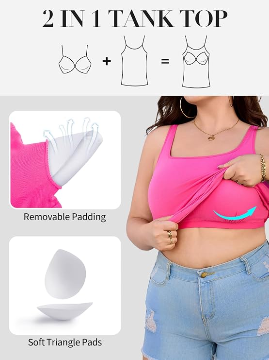 V FOR CITY Plus Size Tank Tops for Women Built in Bra Tank with Adjustable Strap Scoop Neck Cotton Camisole Tops
