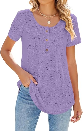 BeadChica Womens Tunic Tops For Leggings Short Sleeve Cut Out Jacquard Tops Shirts Button Up Casual Ruched Blouses Clothes