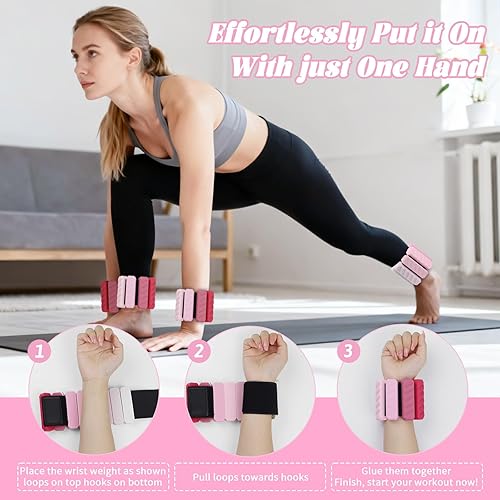 Vista 3 de Juego de 2 bandas de resistencia para tobillo para mujer, pesas ajustables para muñeca, brazo y pierna, juego de 2 (1 libra cada una), bandas