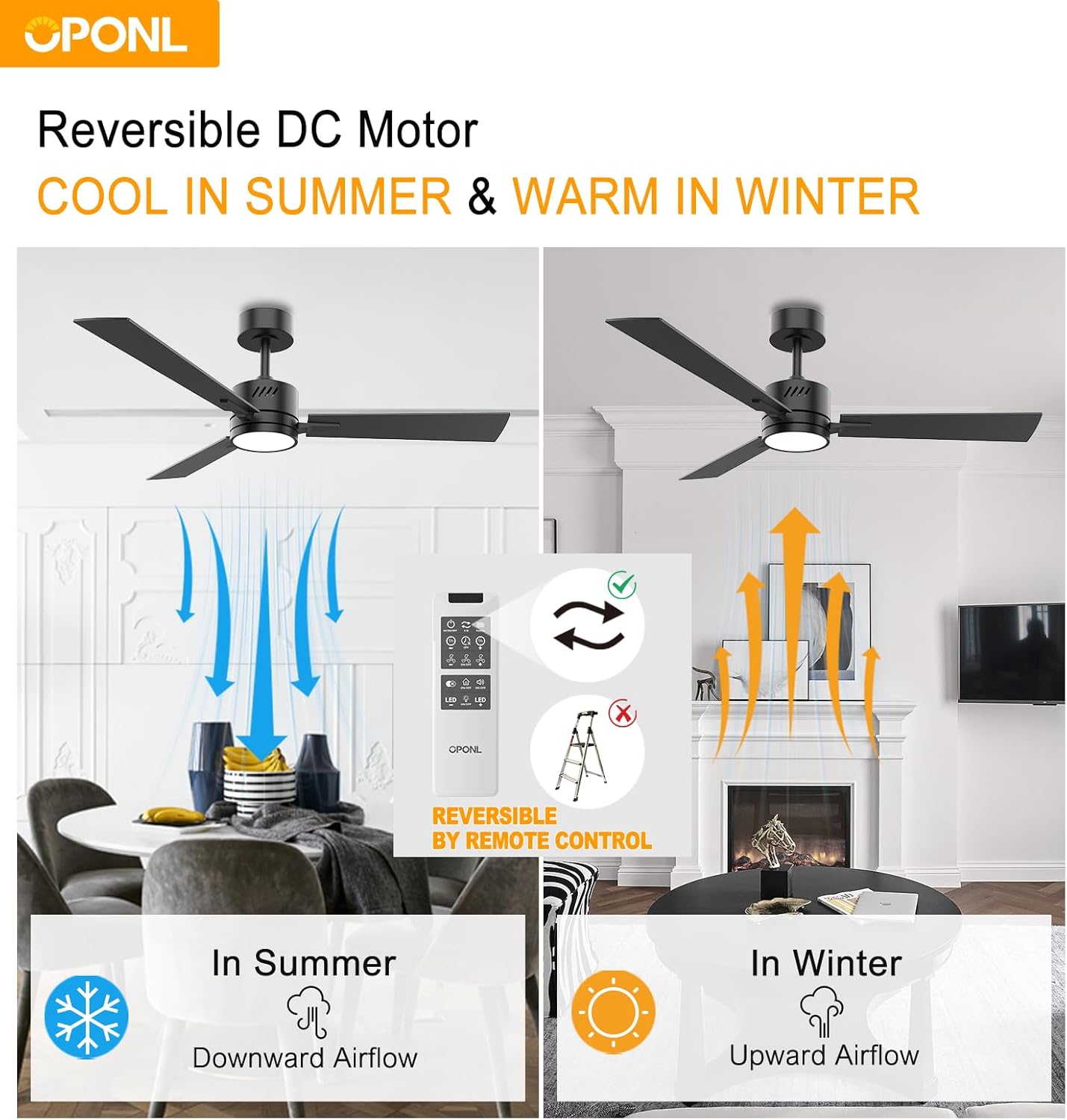 OPONL 42" Black Ceiling Fan with Light, Remote Control, Downrod Mount, Noiseless, Reversible, 6CCT, Dimmable, 6 Speeds, Timeable, Ceiling Fan with Remote Control for Bedroom, indoor/outdoor