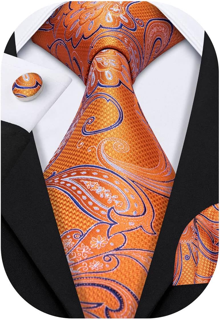 Barry.Wang Men Ties Paisley Woven Silk Necktie Set with Pocket Suqare Cufflinks Formal