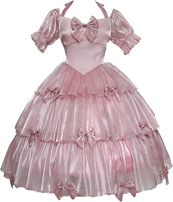 Women's Lolita Dress for Girls - Gothic Pink Puff Sleeve Dress with Bow