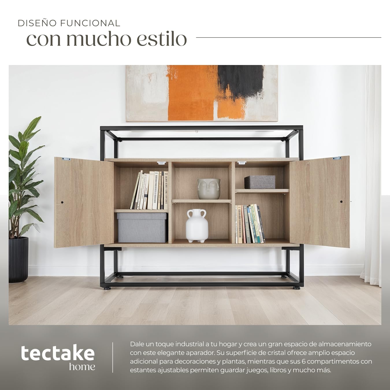 tectake® Mueble TV Salon de Estilo Industrial, Aparador con 2 Armarios y 3 Estantes, Tablero Madera, Muebles Salon, Mesa TV - 100 x 38 x 80,5 cm Madera Industrial Clara, Roble Sonoma