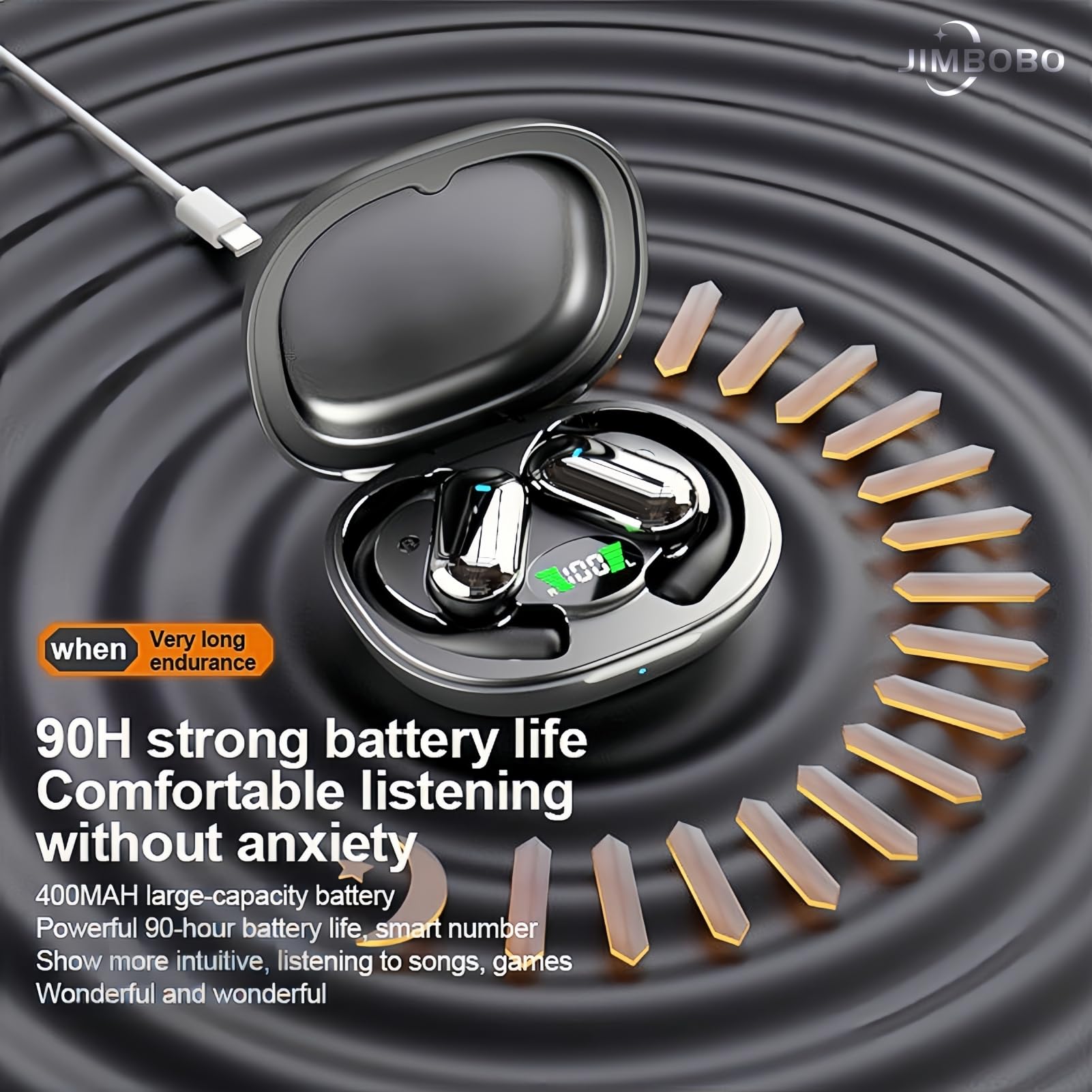 JIMBOBO Écouteurs ouverts Bluetooth 5.4 sans fil à conduction d'air avec micro tour d'oreille, 50 heures d'autonomie, écran LED, étui de charge, casque de sport confortable pour la course, le fitness