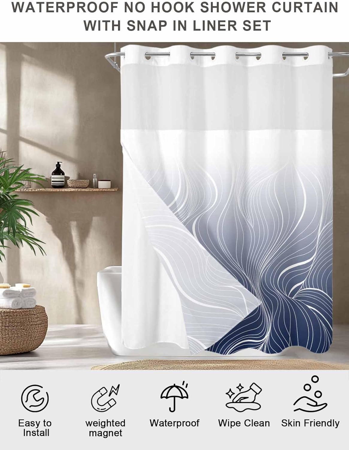 Navy Blue Stripes Ombre Geometric Vertical Striped No Hooks Shower Curtain and Liner Set,Hotel Style Fabric Bathroom Shower Curtains Waterproof Polyester Bath Bathtub Curtain with Sheer Window,72"x78"