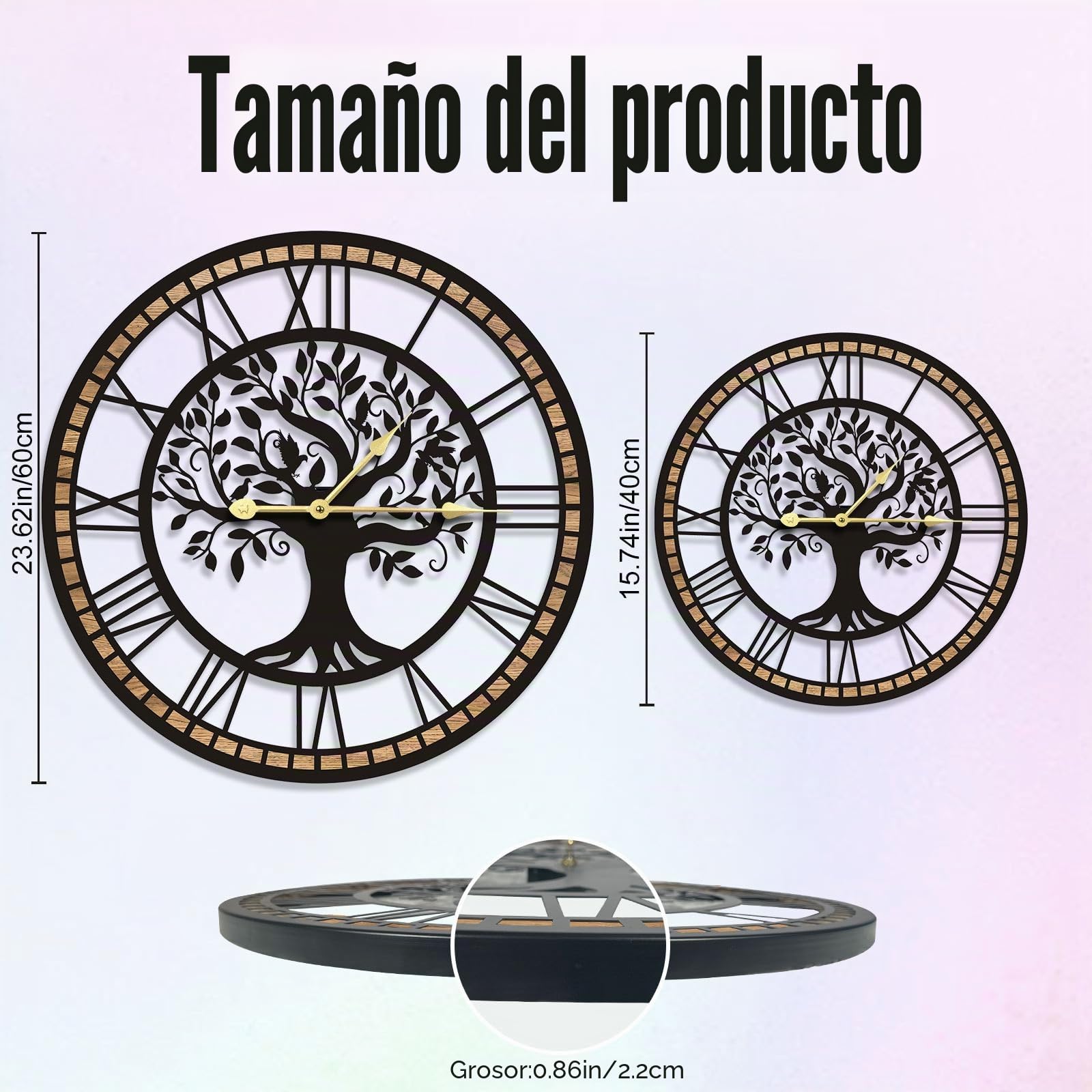 Reloj de Pared para Sala de Estar, Reloj de Pared Árbol de la Vida | Silencioso Sin Tic Tac a Pilas, Estilo Granja Moderna para Decoración de Cocina Baño y Hogar(60cm)