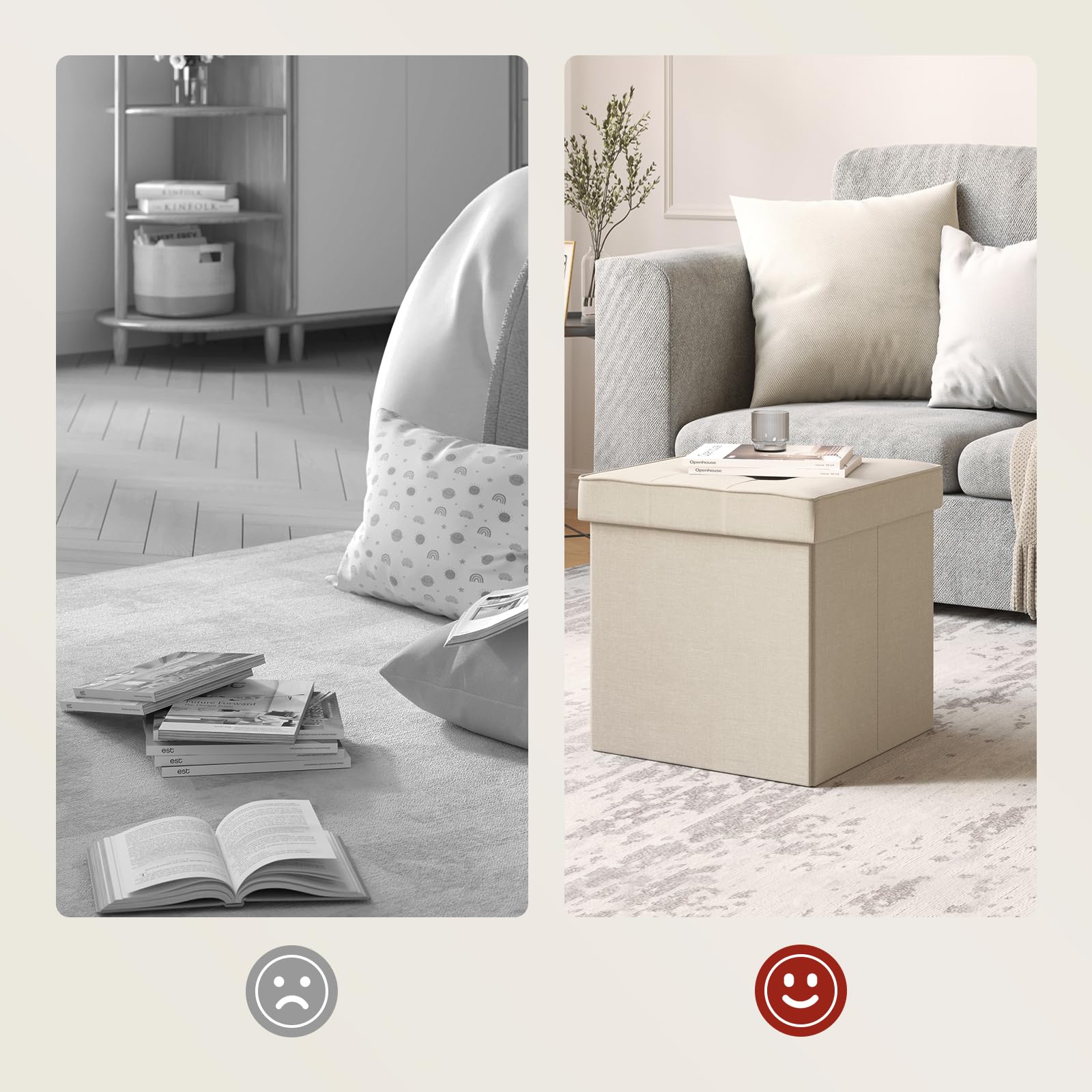 WOLTU Sgabello Pieghevole Sedia a Cubo Pouf Cassapanca Poggiapiedi Panche Contenitore con Coperchio Rimovibile MDF Oxford Lino Beige