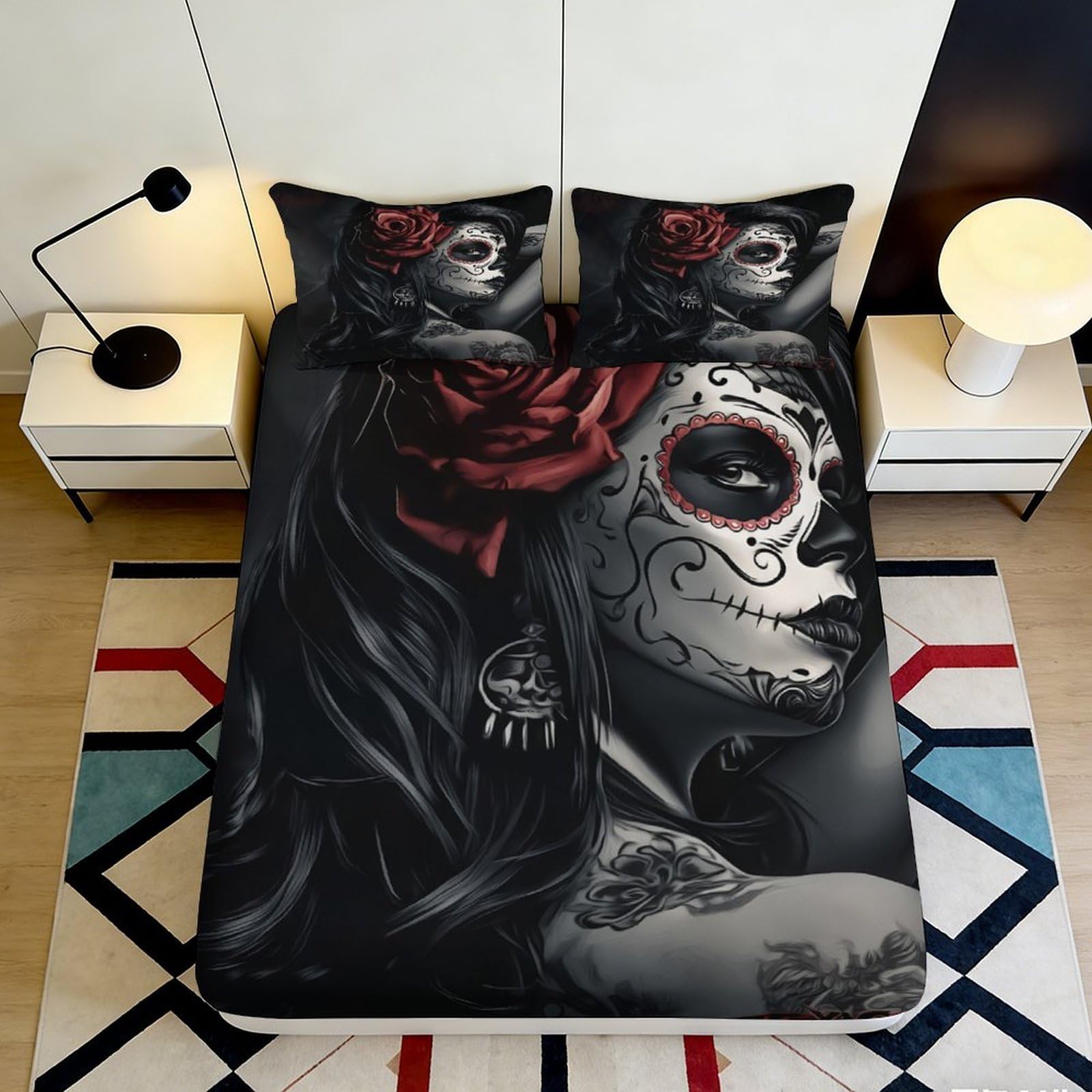 Pnayamiorkfel Style-2 3D Printed Sugar Skull Rose Fitted Sheet Microfiber Black Tattoo Lady Bed Cover For Home Bedroom Dorm Decor 90X200x25cm