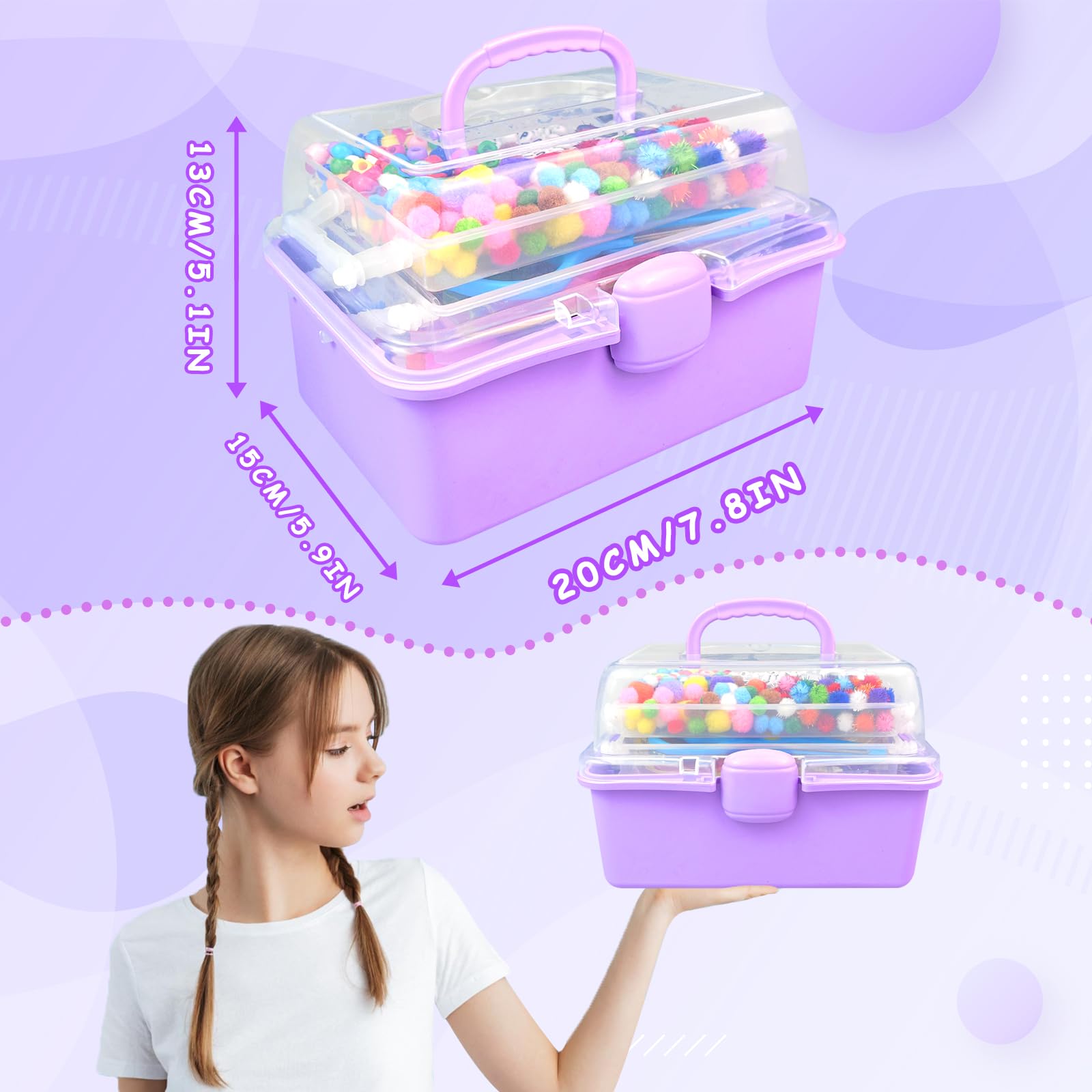 BNUZEIYI Bastelset Kinder – DIY Basteln Bastelkoffer für Kinder 3-Schicht Bastelbox Material Set mit Pfeifenreiniger Schulbedarf Spielzeug Geschenke für Mädchen Jungen 4–8, 8–12 Jahren, Lila