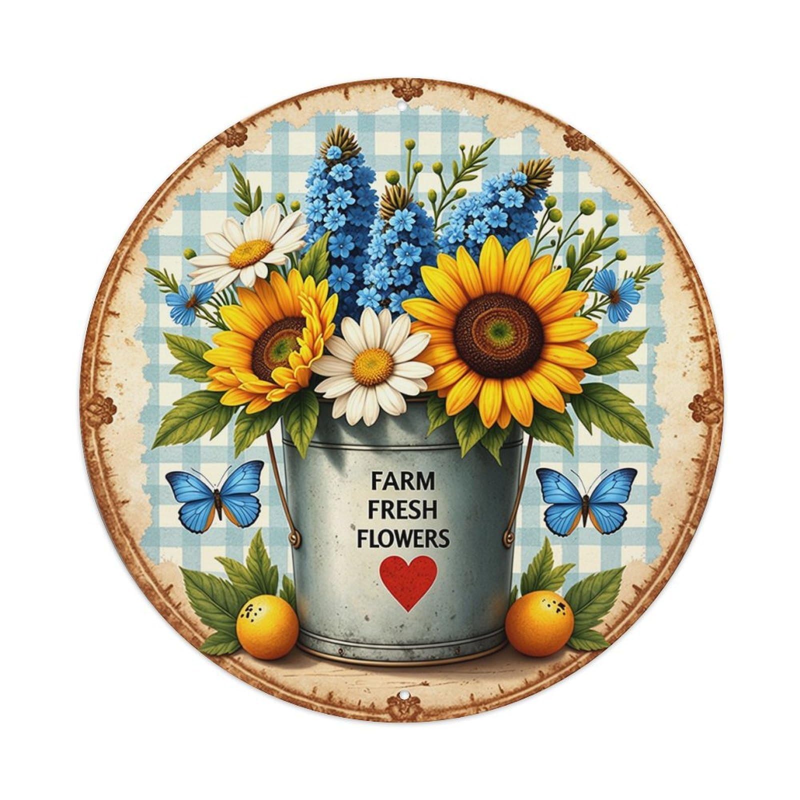 Farm Fresh Flowers Bucket Butterflies Tin Sign Metal Poster Vintage Metal Signs for Home Man Cave Bar Cafe Kitchen laundry room Wall Decorations Gift 8x8Inch