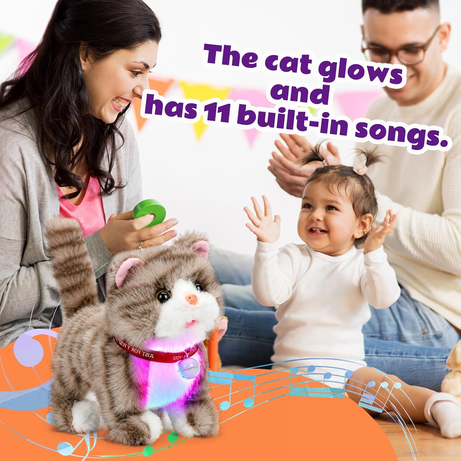Walking Grey Cat Stuffed Animal Repeats What You Say Musical Glowing Wagging Nodding Educational Plush Kitty Toy Electric Interactive Animated Plushies for Girls Boys Birthday
