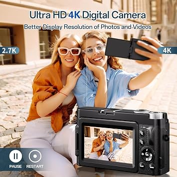 Digital Camera 4 K 16X Autofocus Digital Zoom Camera 48MP 3 Inch 180° Foldable LCD Screen HD Compact Vlog Camera with Charging Station 2 Batteries 32GB Card Suitable for Beginners Children