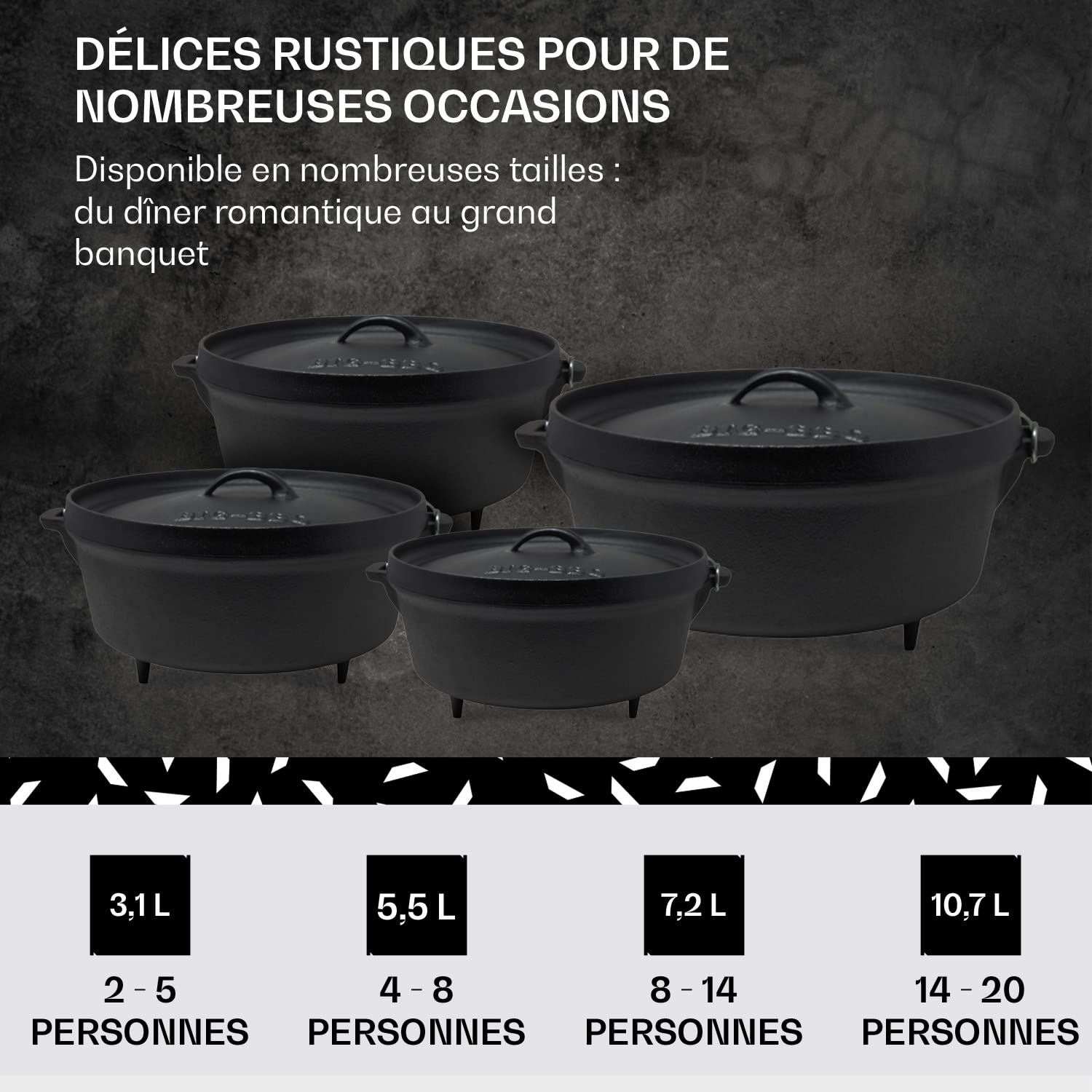 Cocotte en Fonte Pré-assaisonnée 7.2L avec Couvercle, Faitout pour Camping et Barbecue