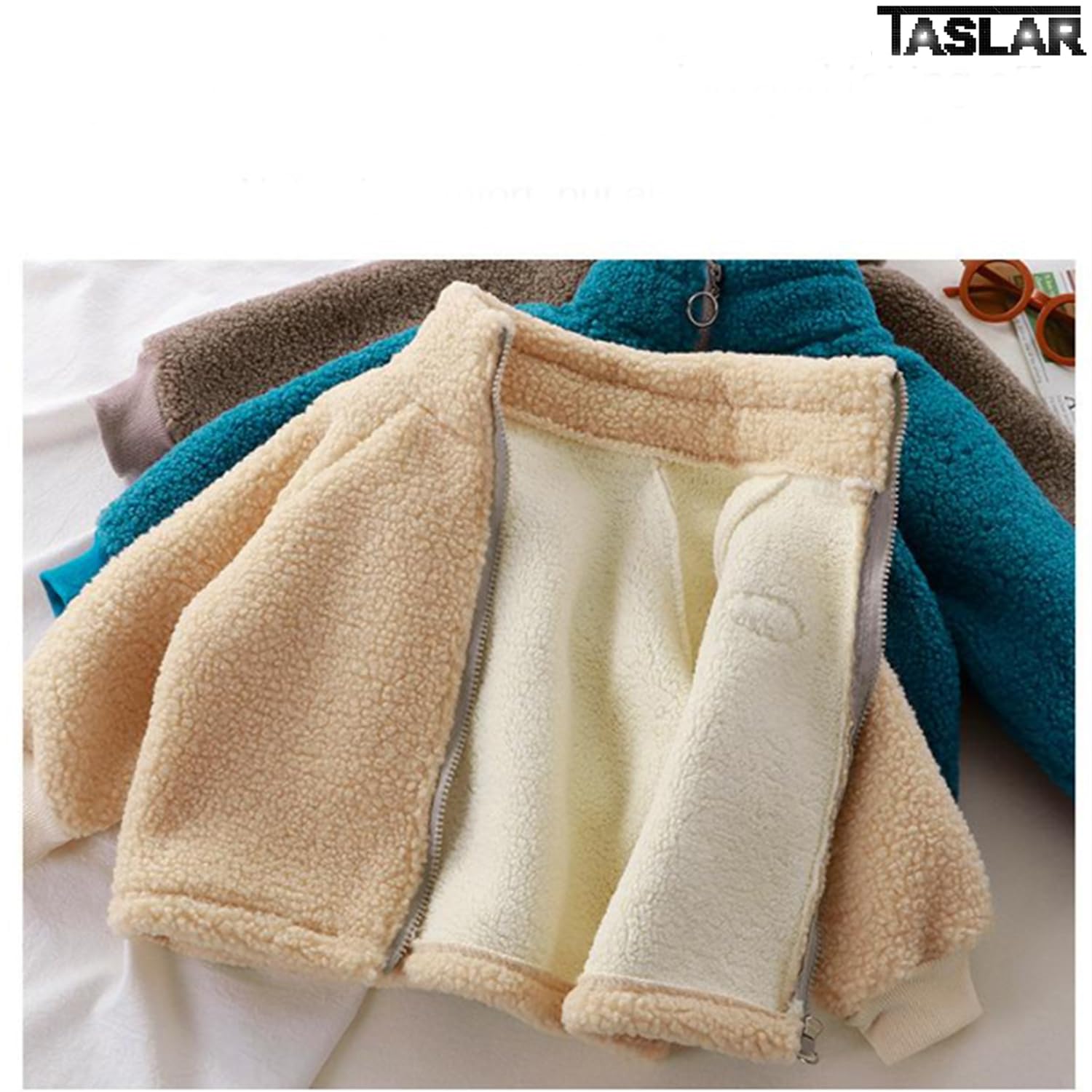 TASLAR Kids Winter Fleece Jackets, Baby Boy & Girl Outerwear Lamb Velvet Thick Warm Sweater Solid Short Length Thread Collar Zipper Coat, Beige, 2-3 Years 2