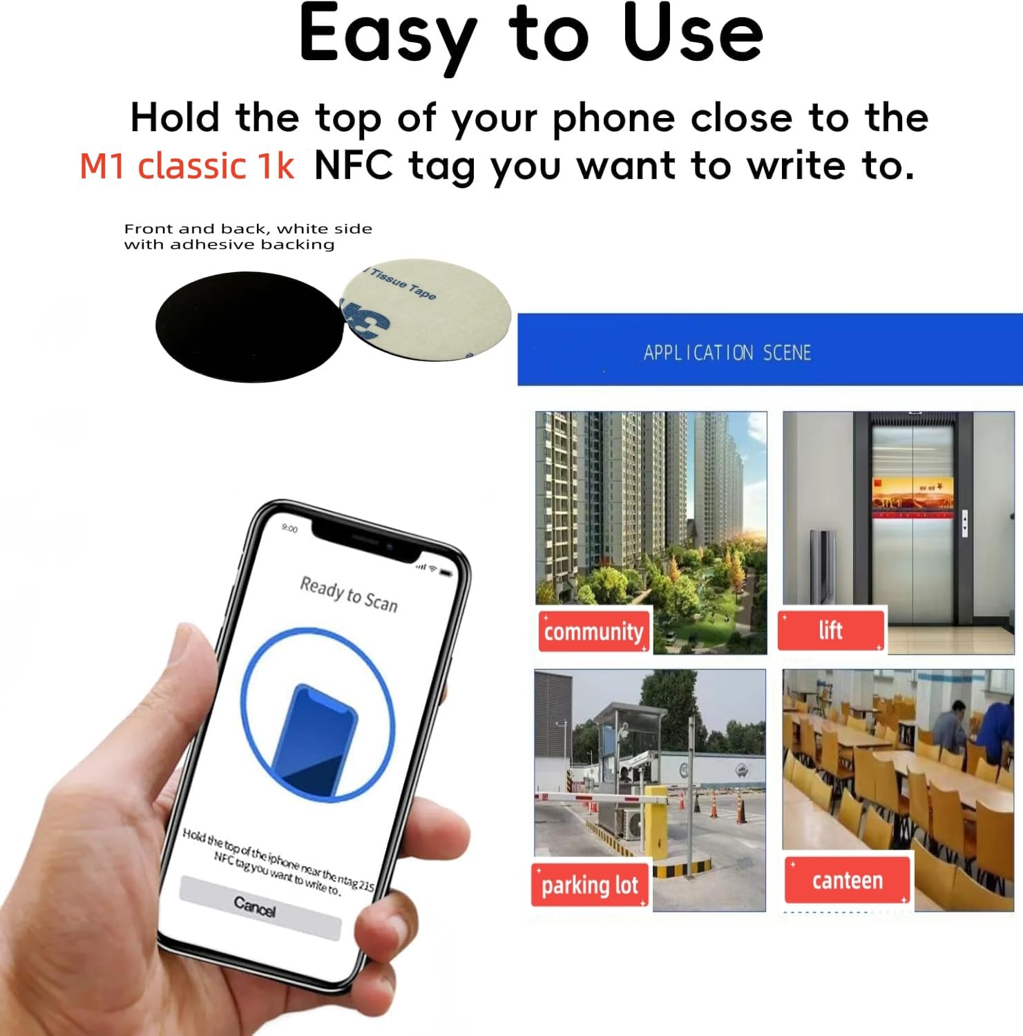 10pcs Classic 1k Black Cards,M1 chip 13.56mhz iso14443a Non Contact Access Key for Access Control (25mm Adhesive Backing Card)