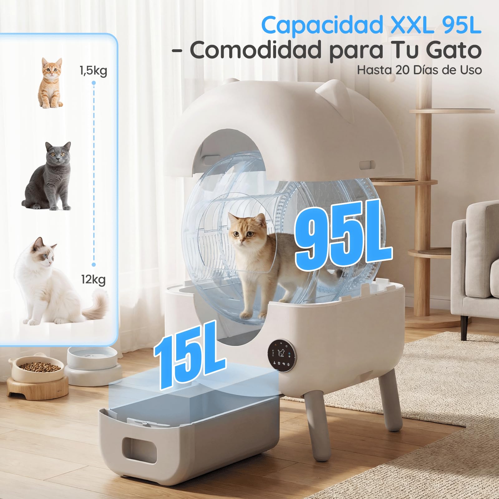 Jummico Litière pour Chat Autonettoyante, 95L+15L Litière Automatique pour Chat, avec Éclairage Intérieur Contrôlable, Désodorisation, Contrôle par APP, Surveillance Santé par IA