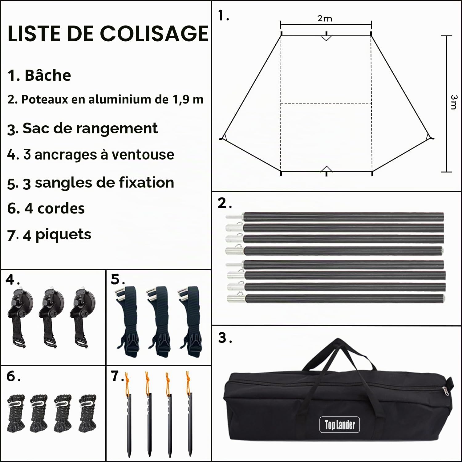 Auvent de voiture pour camping, SUV, abri solaire imperméable universel, anti-UV, pour van, camping-car, caravane, camion (noir)