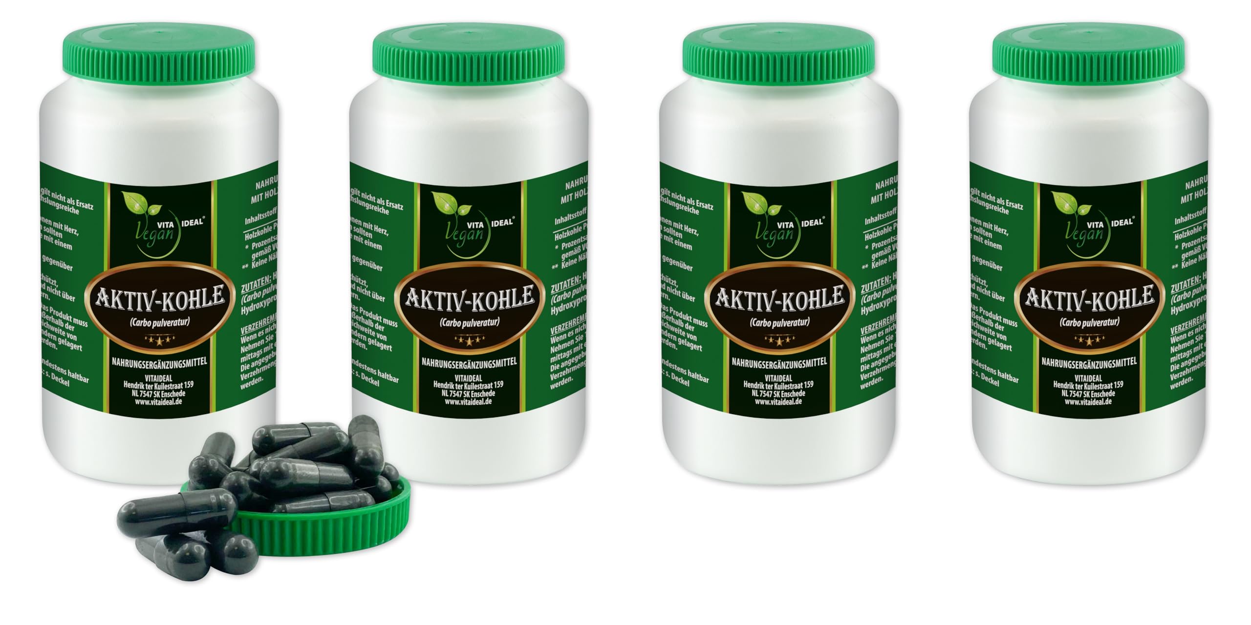 Vegan® AKTIV - KOHLE 4x 360 KAPSELN - Carbon, Carbo Ligni pulveratur - pflanzliche AKTIVKOHLE - Tagesportion 640mg Pflanzenkohle reines Pulver. Natürlich, pflanzlich & ohne Zusatzstoffe.