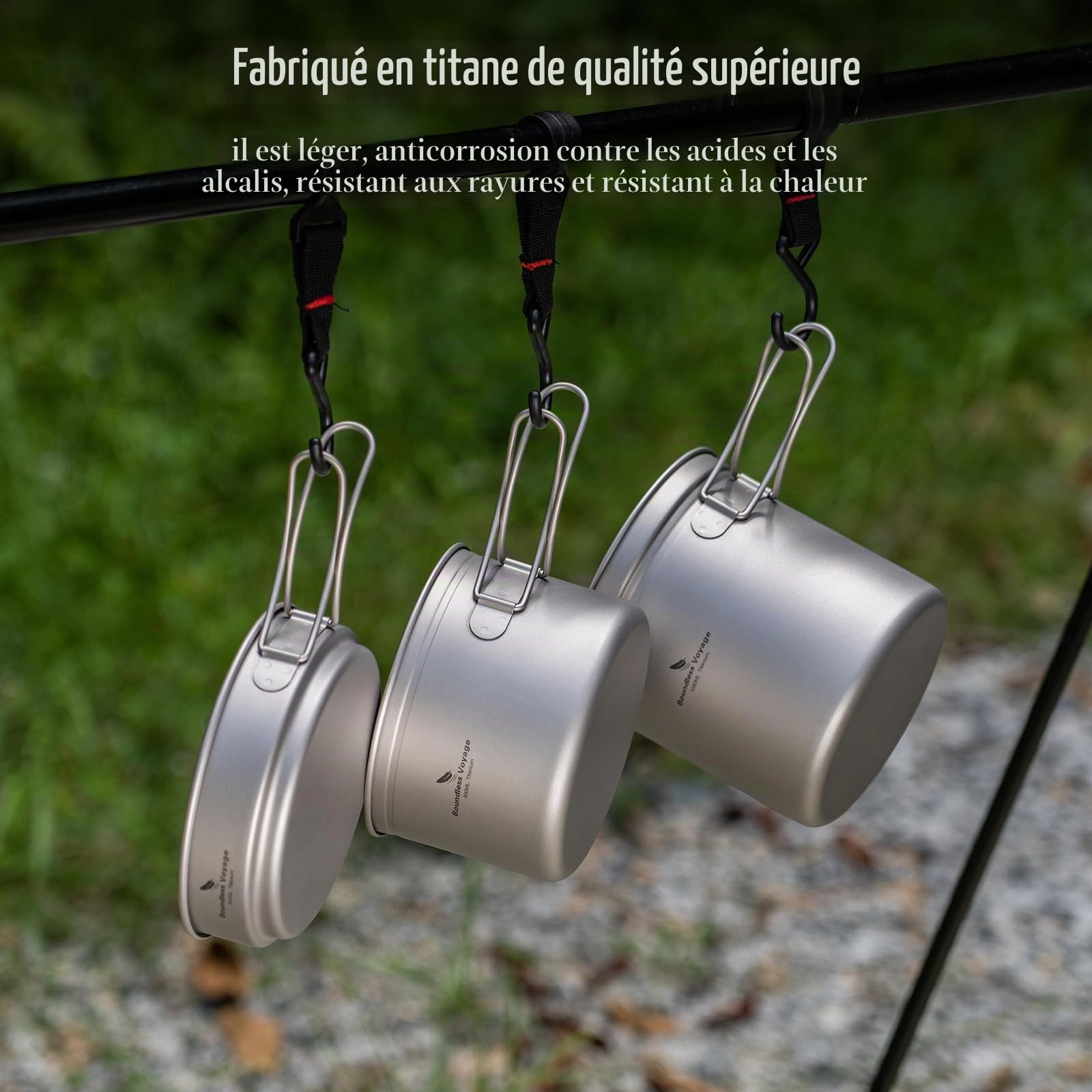 iBasingo Lot de casseroles en Titane avec poignée Pliante en Plein air pour Camping à Soupe - Bol à Frire - Ustensiles de Cuisine Ultra légers - pour Les Voyages, Les Pique-niques, la randonnée