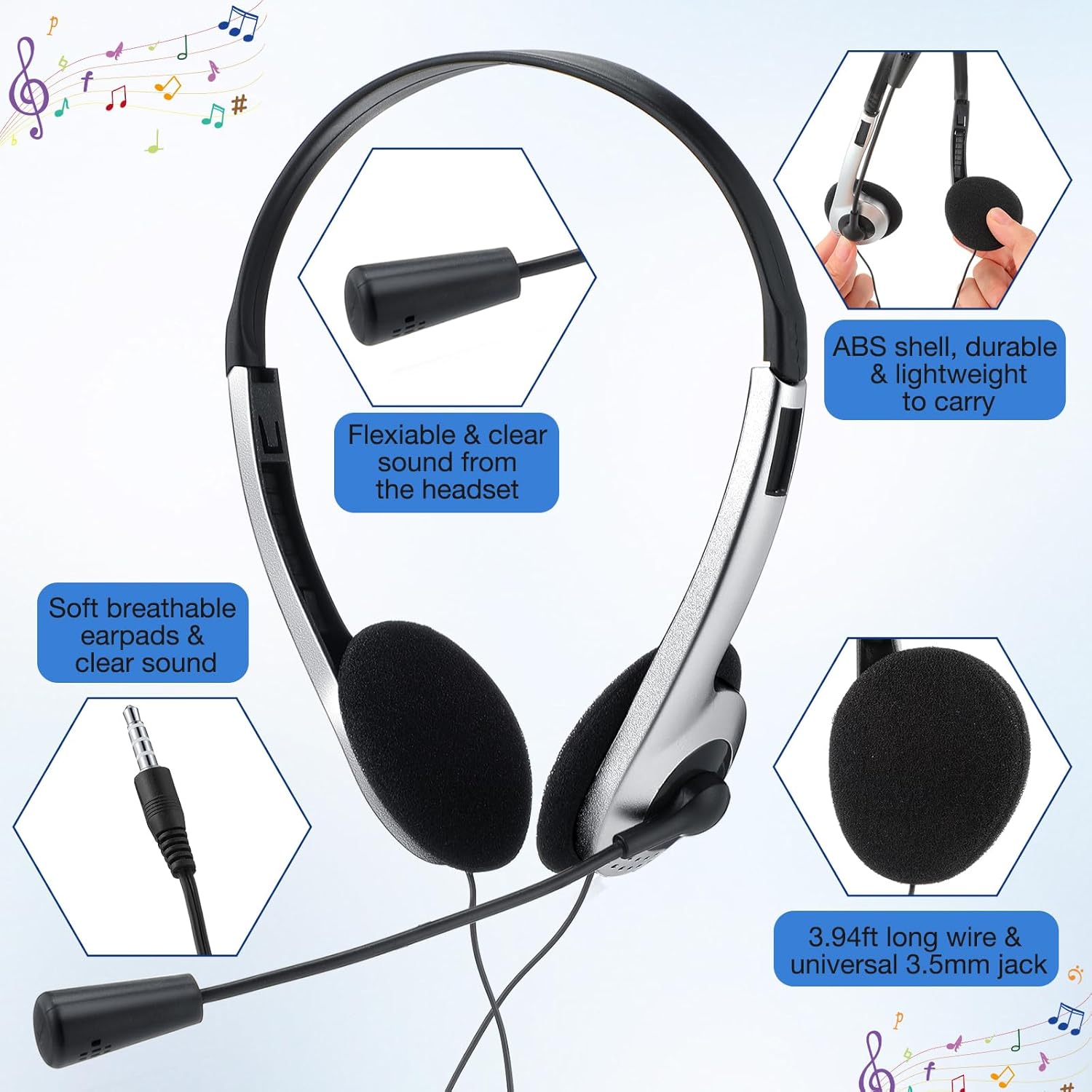 Yunsailing 30 Pack Classroom Headphones with Microphone School Student Headphones Bulk Class Set Lightweight Adjustable Earphones on Ear with 3.5 mm Jack(Silver) - Image 2