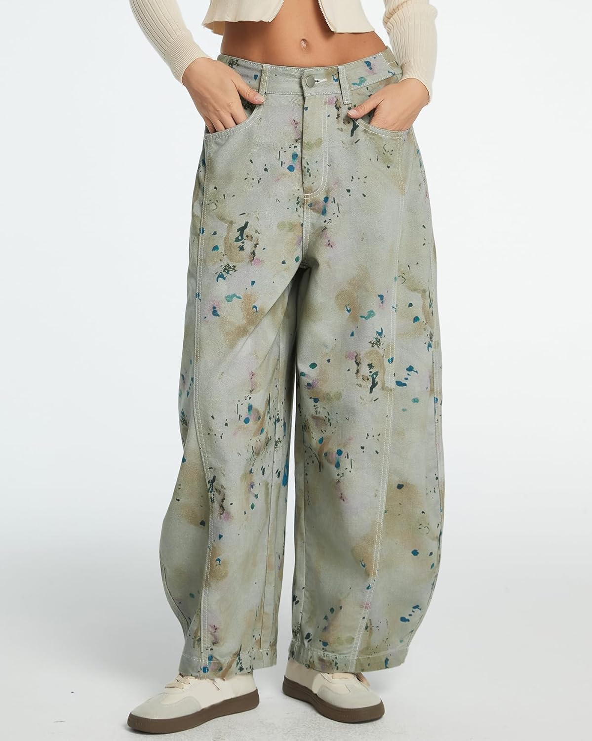 Women's Printed Baggy Barrel Jeans High Waisted Wide Leg Denim Pants - Image 7