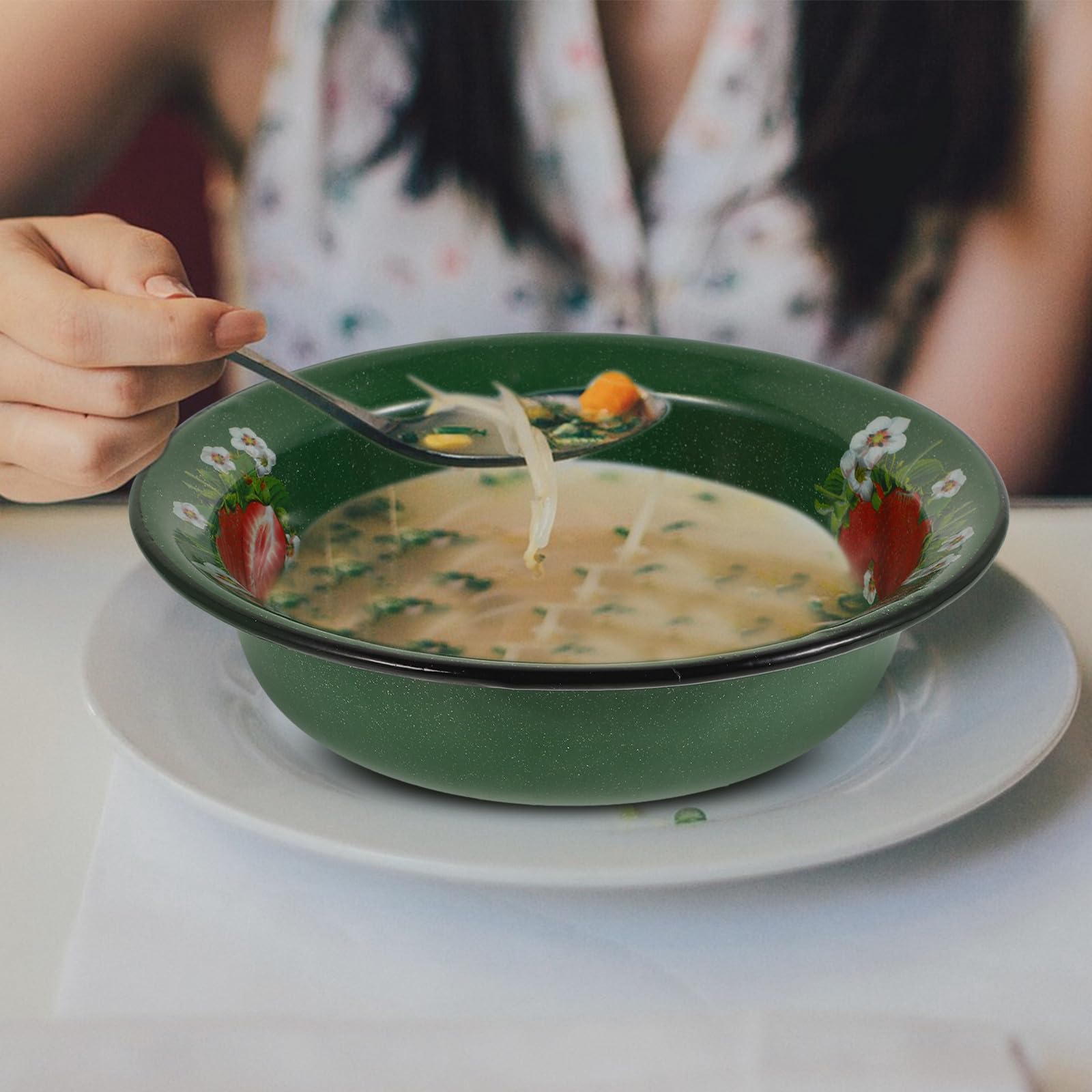 Cuenco Esmaltado de 22 Cm, Lavabo Multiusos para Lavar y Mezclar, Cuenco de Esmalte Verde con Motivos Punteados para Sopa, Fruta y Masa, Vajilla Rústica Adecuada para Cocina