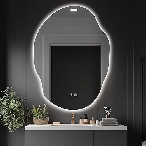 Miniatura 10 de Espejo de Baño LED Asimétrico con Luces, Espejo de Tocador de Baño LED Irregular para Pared con Retroiluminación, Antivaho, 3 Colores y Luz