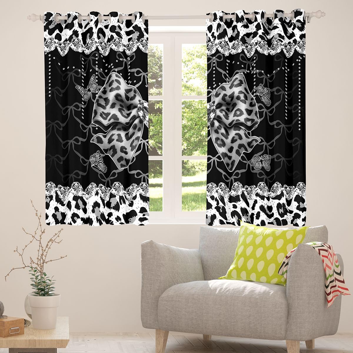 Homewish Kokarda nadruk w panterkę kot gepard czarno-szare zasłony okienne 117 x 137 cm, 2 zestawy paneli - kokardka ombre, zasłony zaciemniające, motyle, zasłony okienne, wstążka