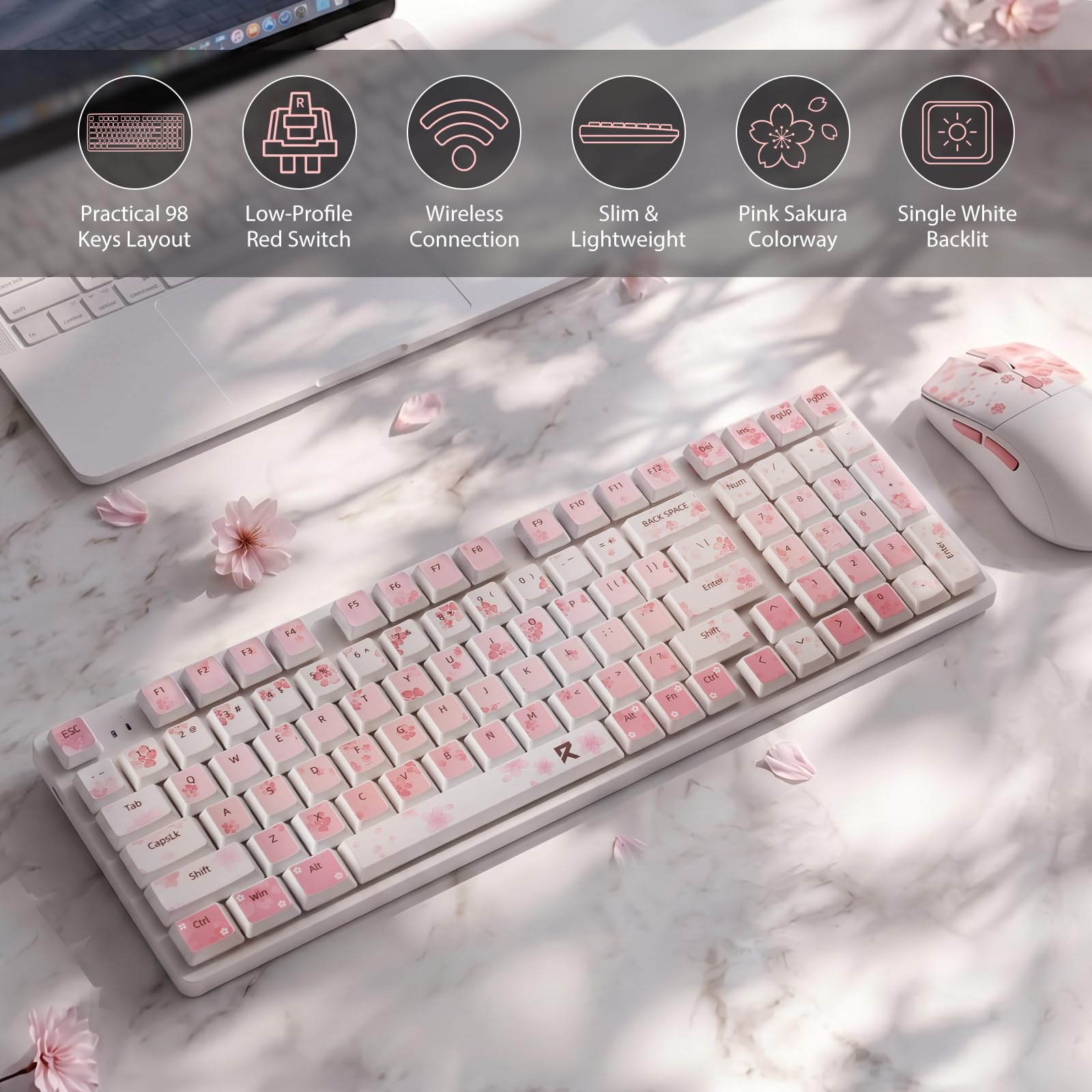 Redragon BS7552 Combo Teclado Ratón Inalámbrico Rosa | combo teclado ratón inalámbrico 98 teclas mecanismo plano 4000DPI sakura rosa