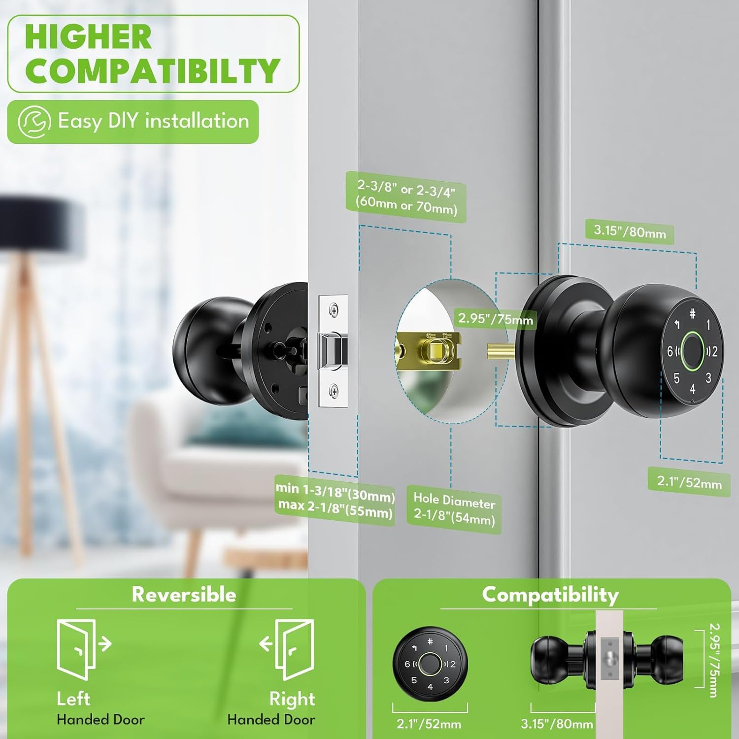 Fingerprint Door Lock, Smart Door Knob, 2.4G WiFi Biometric Door Knobs with App Control, Auto Lock Door Lock with Code, Thumbprint Door Knob for Bedrooms, Office, Apartment, Offices,Hotels