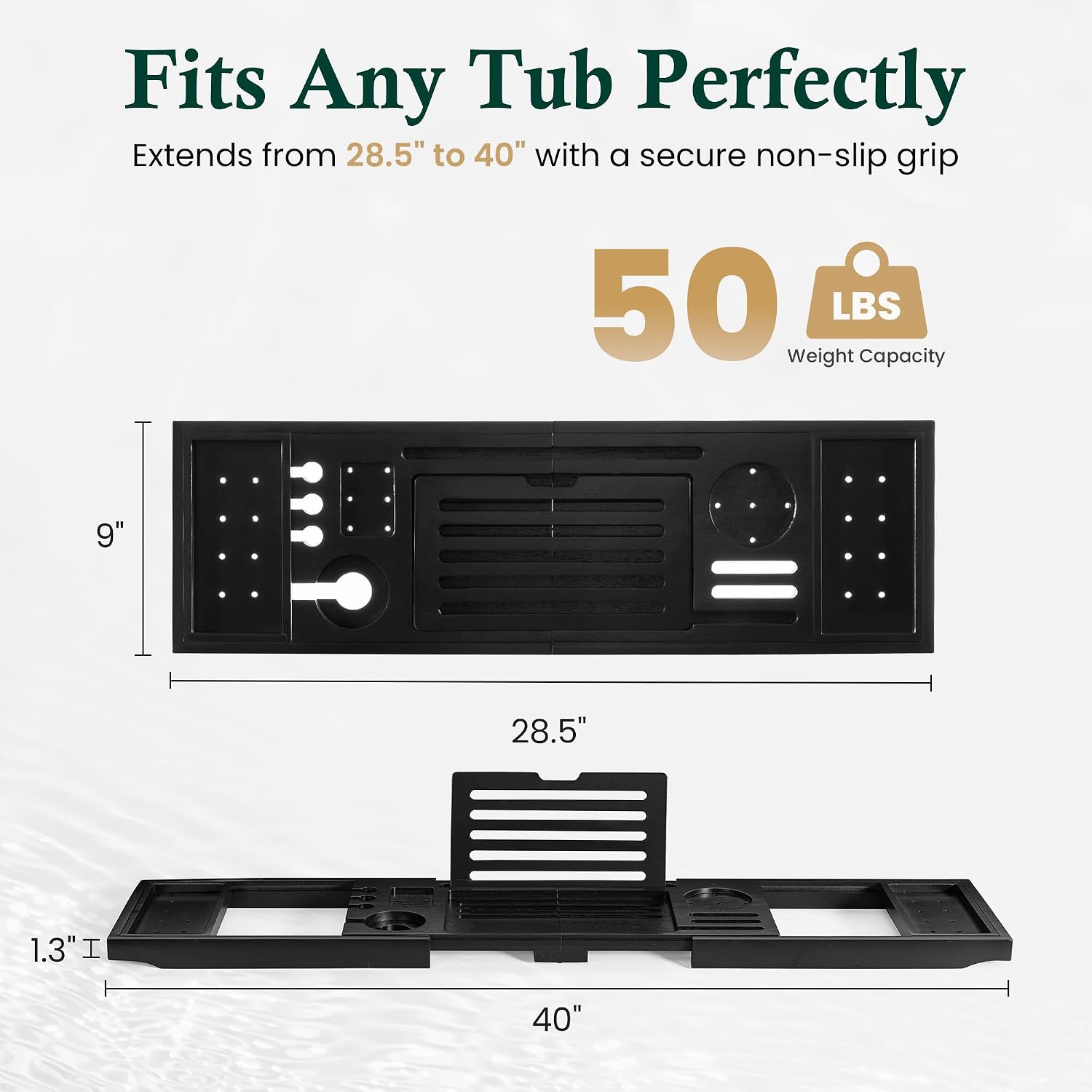 Teak Bathtub Tray | Adjustable Width Tray with Wine Holder, Tablet/Phone & Book Stand, Splash-Proof for Bath Time- Black