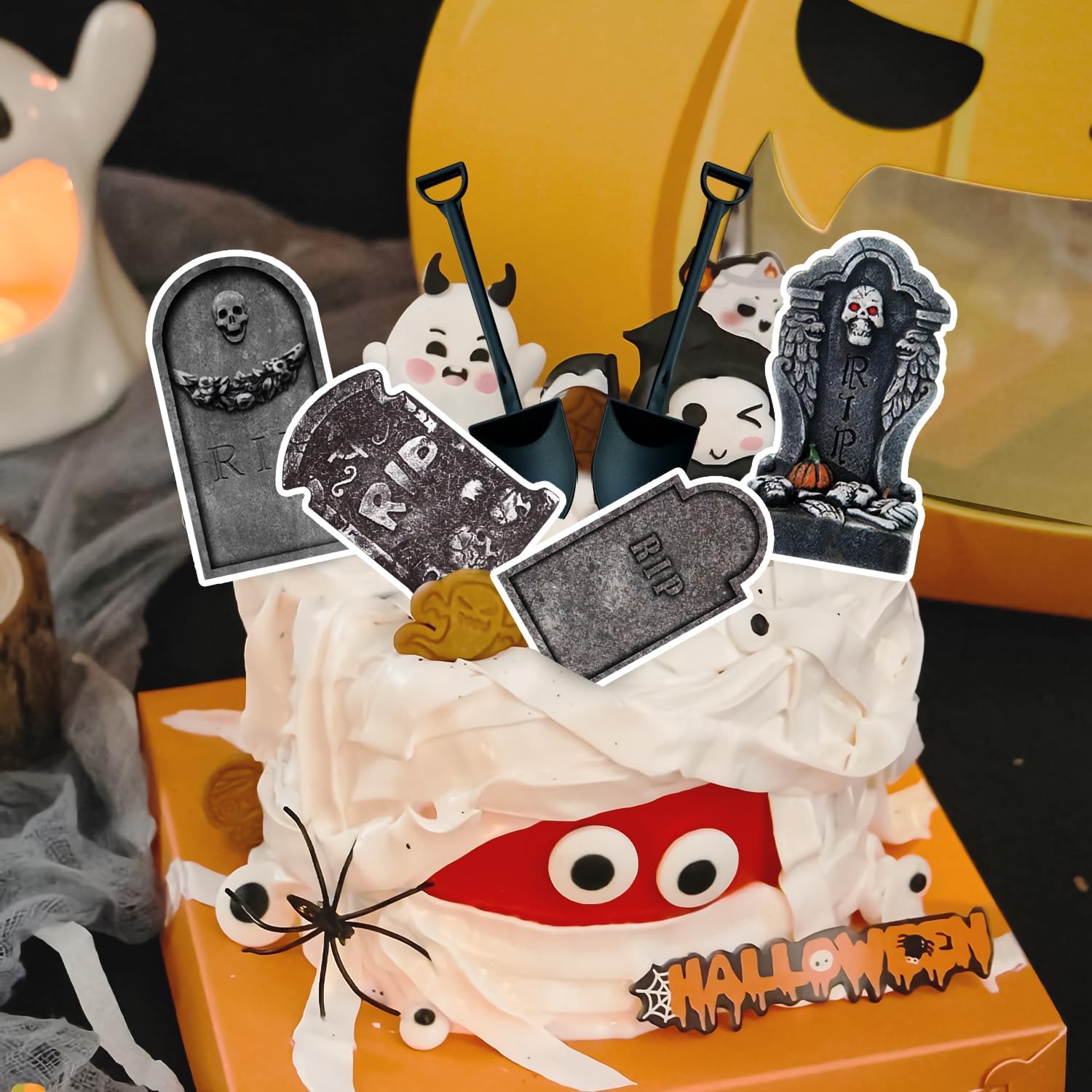 Halloween Cupcake Toppers, 48 PCS Tombstones Graveyard Cupcake Toppers with Mini Shovel Spoons for Halloween Party Decorations, Horror Birthday Decorations, Nightmare Before Christmas Cake Topper image 4