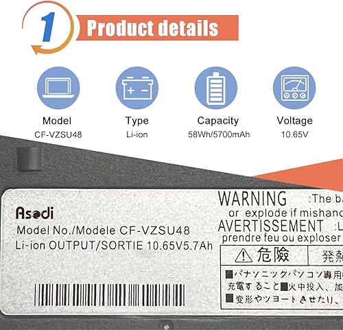 Miniatura 2 de ASODI CF-VZSU48 - Batería para portátil de 58 Wh, compatible con Panasonic Toughbook CF-19 CF19 MK1 MK2 MK3 MK4 MK5 MK6 MK7 MK8 Series CF-VZSU48U
