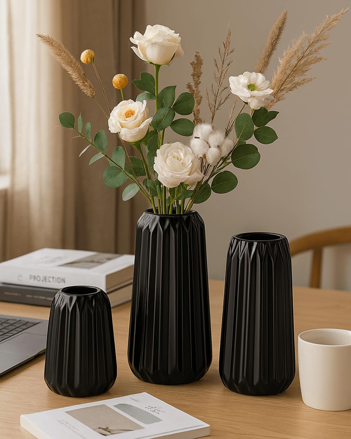 Black Ceramic Vases Set of 3 – Modern Ribbed Vase Centerpieces for Pampas Grass, Eucalyptus, Dried or Fresh Flowers, Minimalist Home Decor for Living Room, Bookshelf, Table & Office